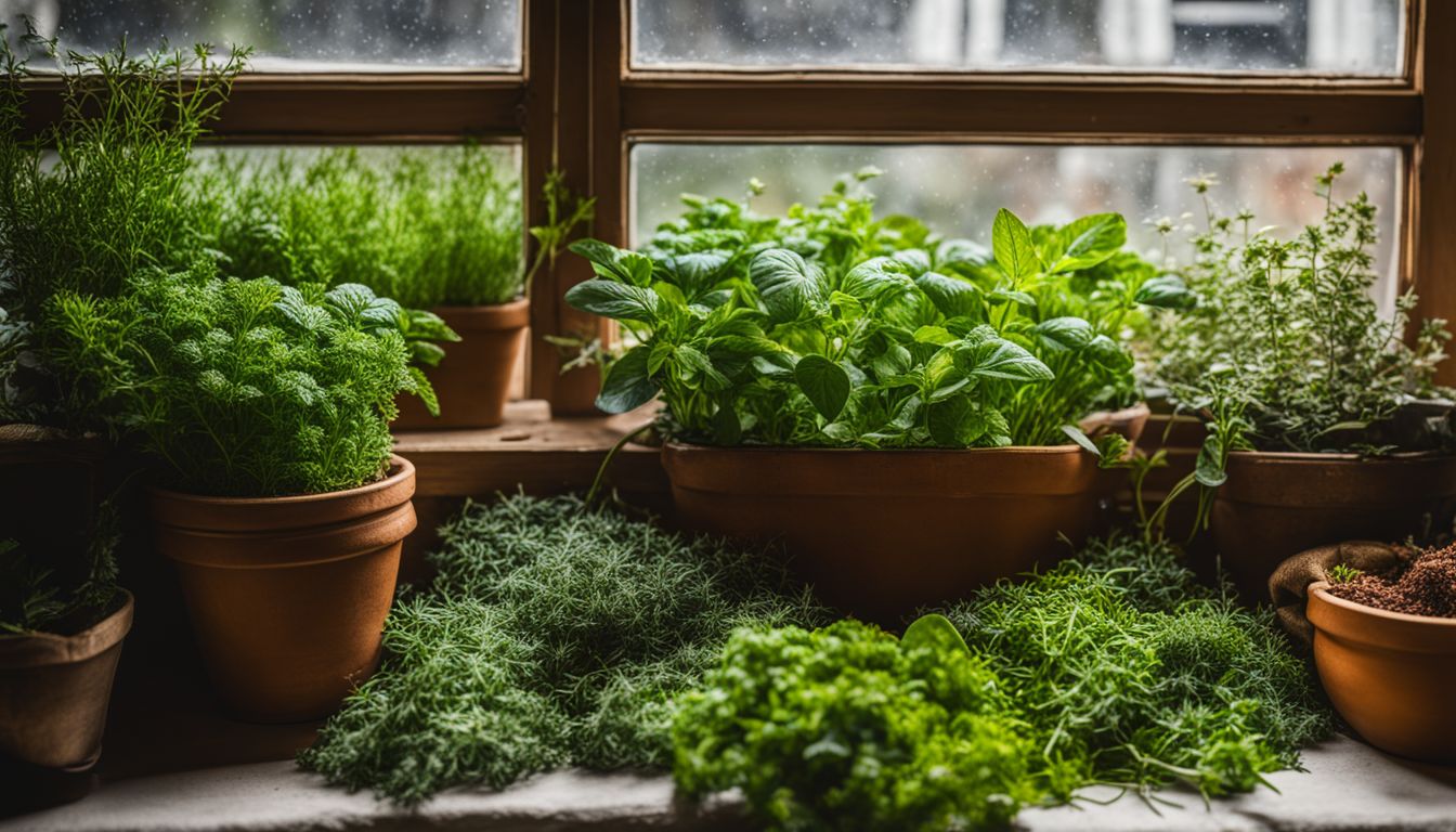 A diverse, lush herb garden thriving in a garden window.