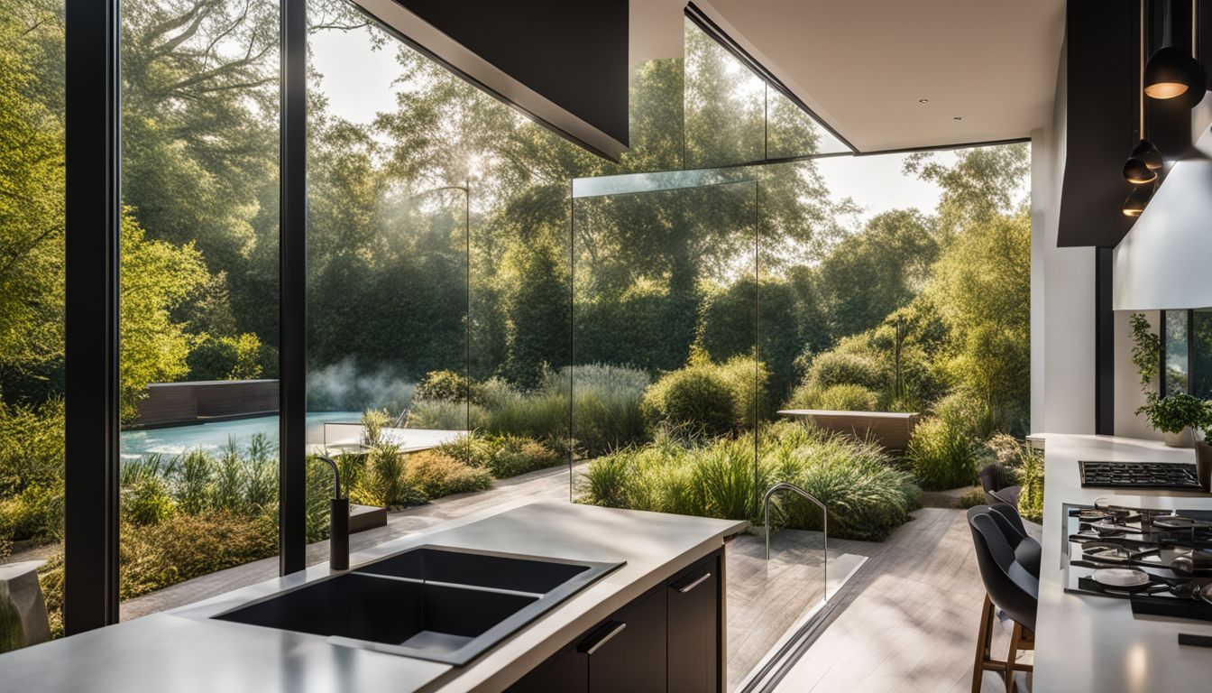 A pass-through window in a modern kitchen overlooking a lush garden.