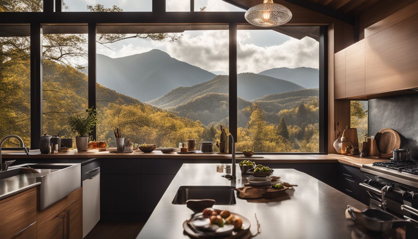 A cozy kitchen with a scenic view, different people, and activities.