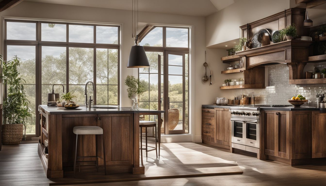 Elegant kitchen with a scenic outdoor view, featuring diverse people.