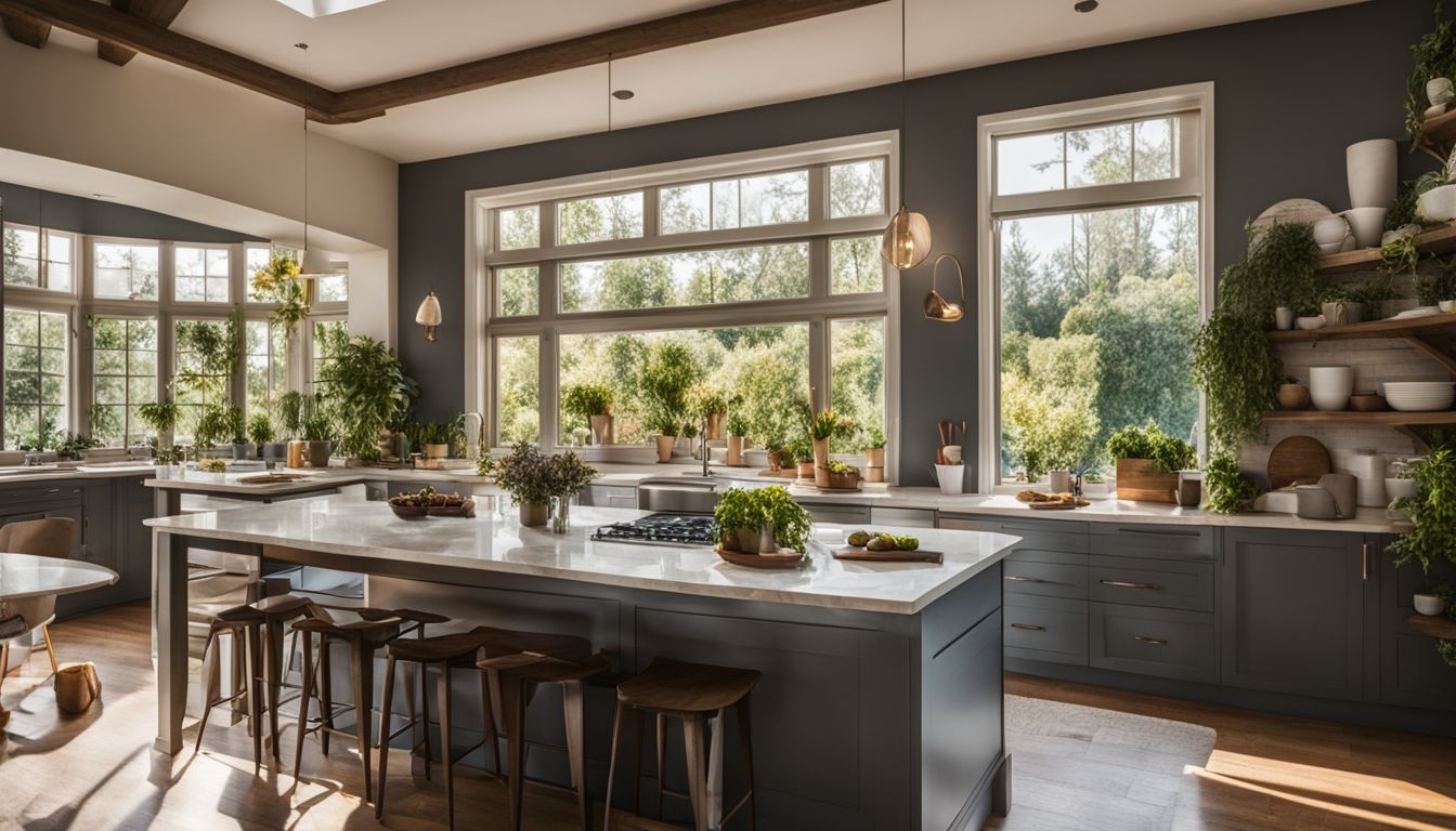 A bright kitchen with a view of a beautiful garden.