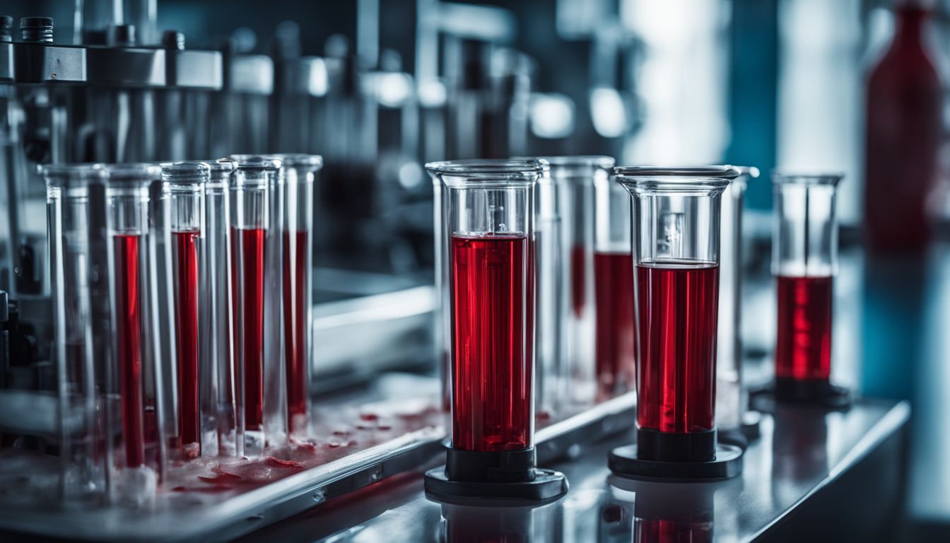 Close-up of blood test tubes and medical equipment in a laboratory.