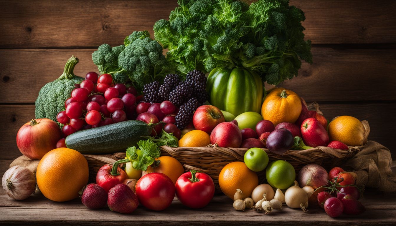 A vibrant display of fruits and vegetables on a rustic table.