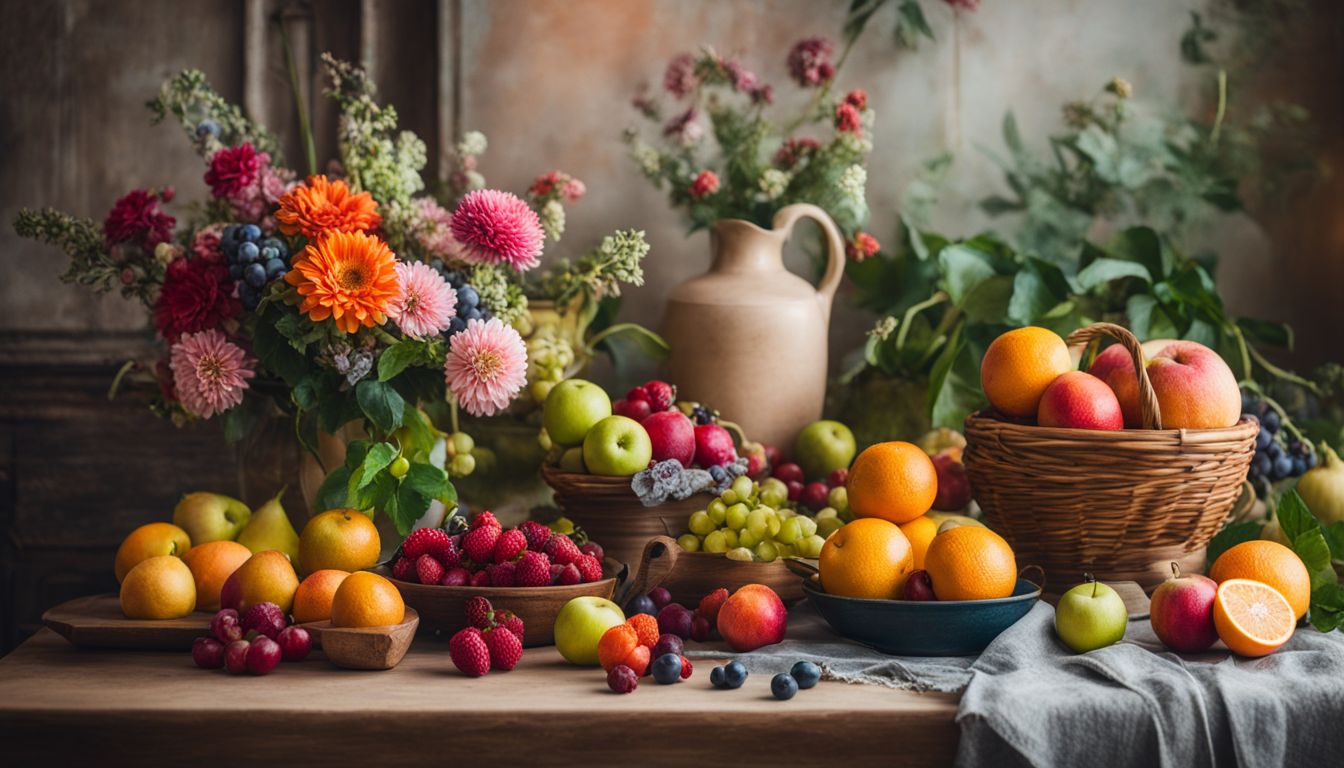 Colorful still life arrangement of fruits, flowers, and nature photography.