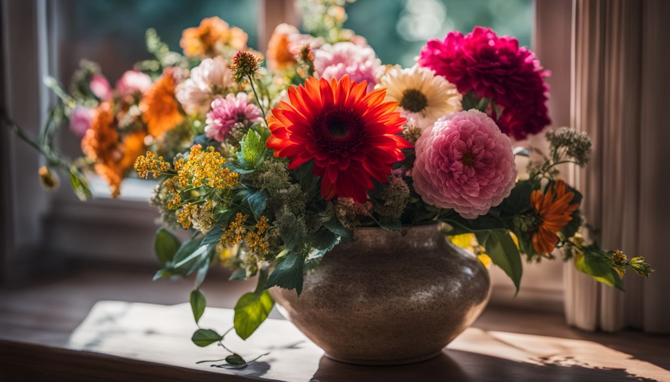 A vibrant vase of flowers in a bustling atmosphere without humans.