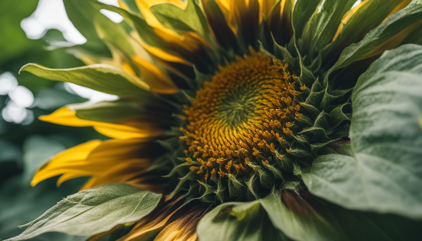 A close-up photo of a blooming sunflower surrounded by nature.