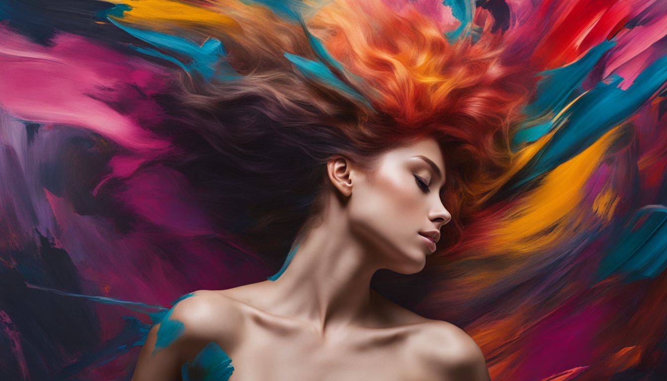 Abstract painting with vibrant colors and various faces, hair styles, and outfits.