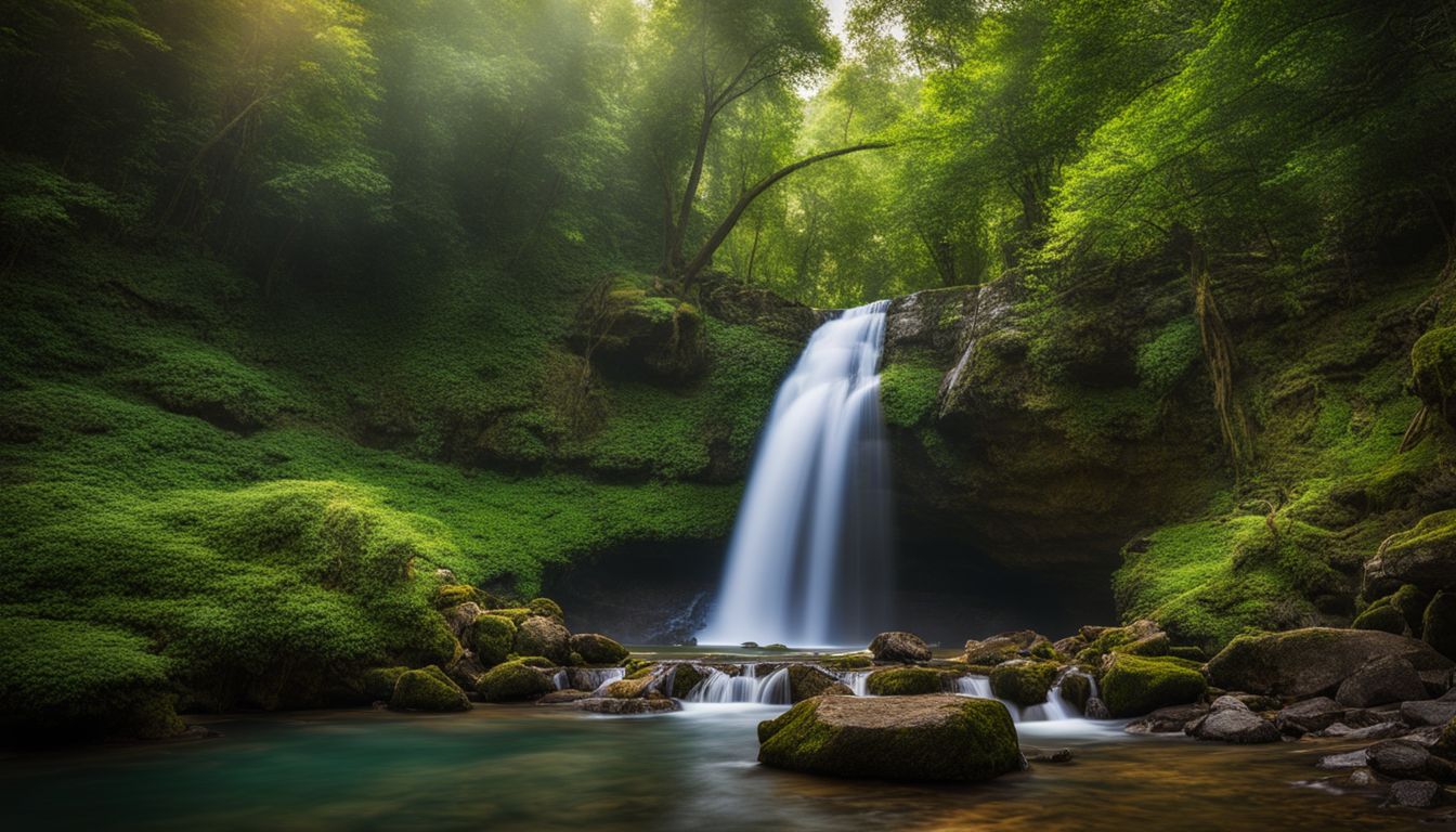 A photo of a serene waterfall in a lush green landscape.