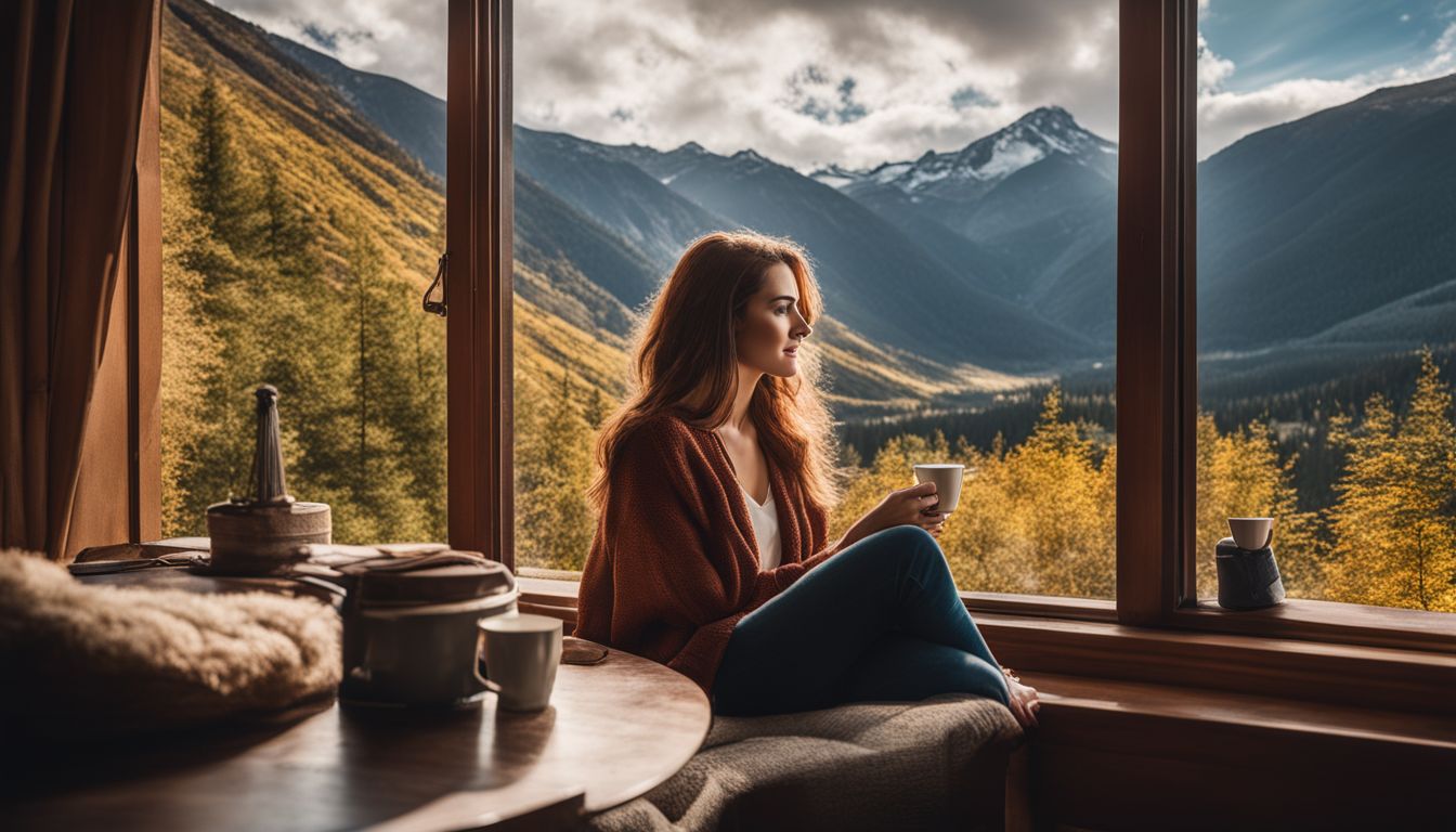 A woman enjoying coffee while looking at a scenic mountain view.
