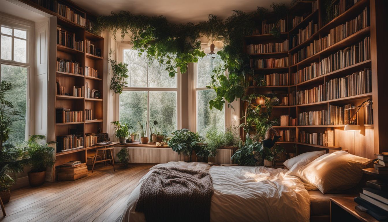 Cozy bedroom with a bow window showcasing plants and books.