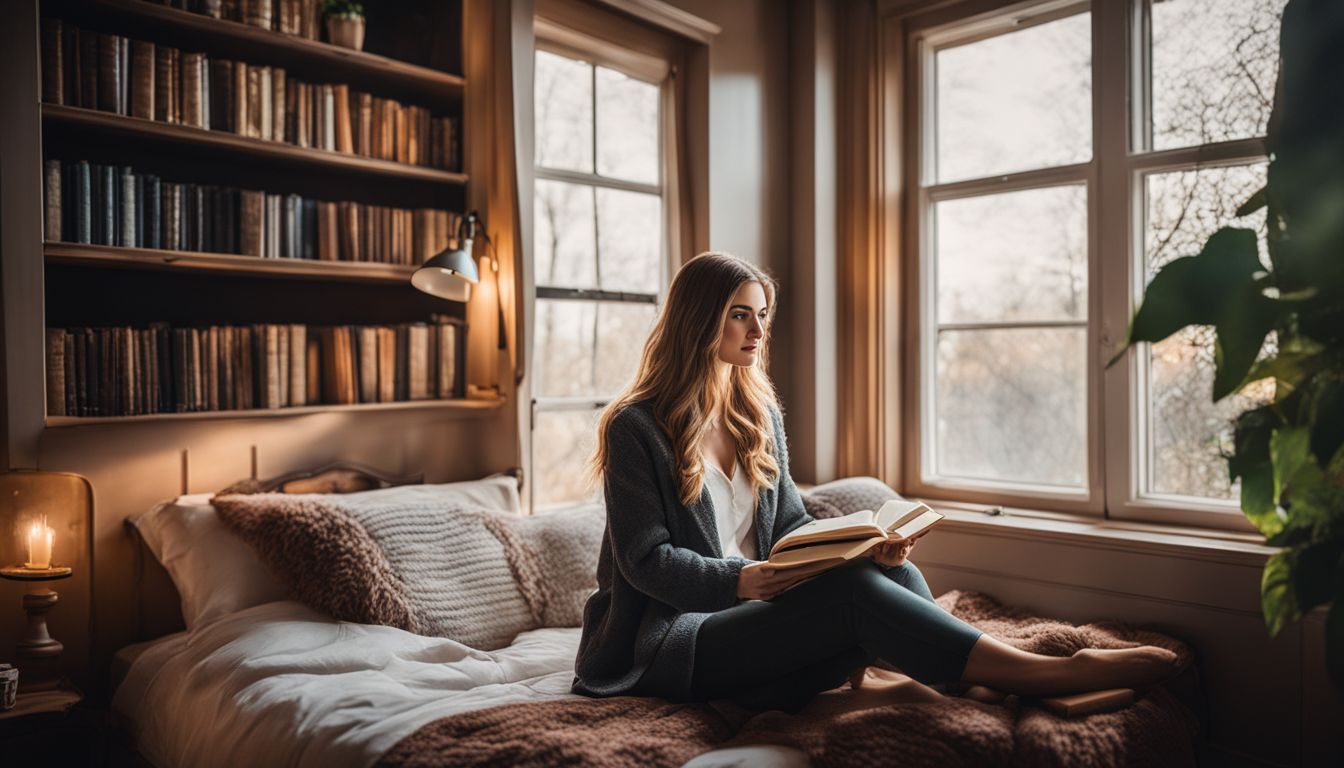 A woman in a cozy bedroom enjoying a book and tea.