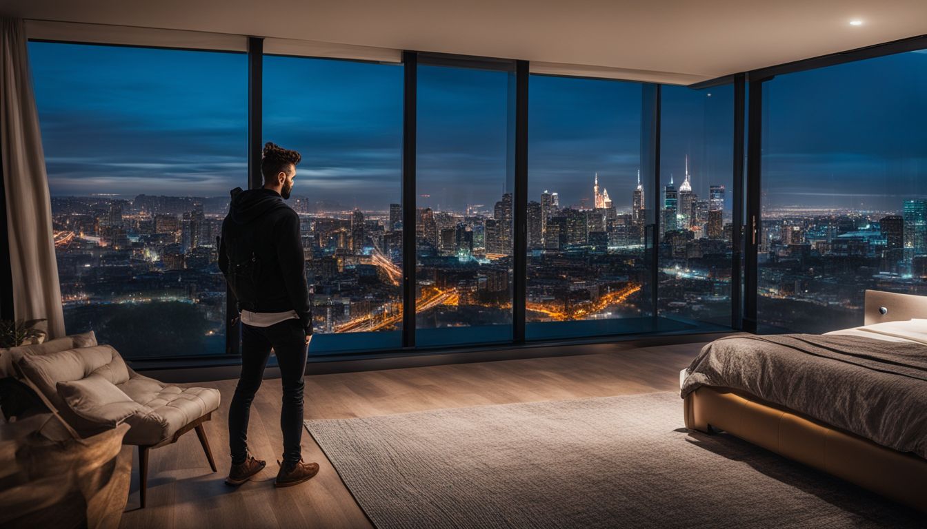 A person admiring a cityscape at night through large windows.