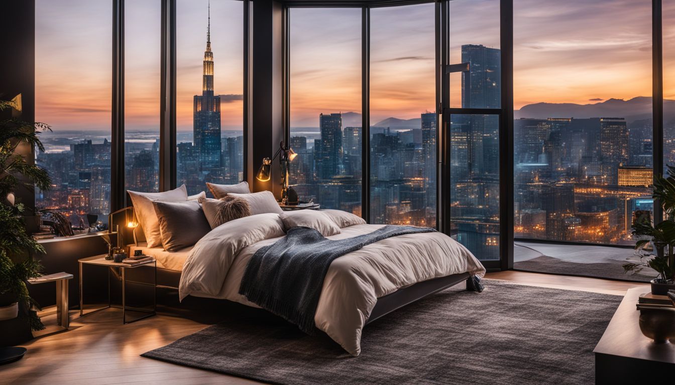 A bedroom with a large bay window showcasing a stunning cityscape view.