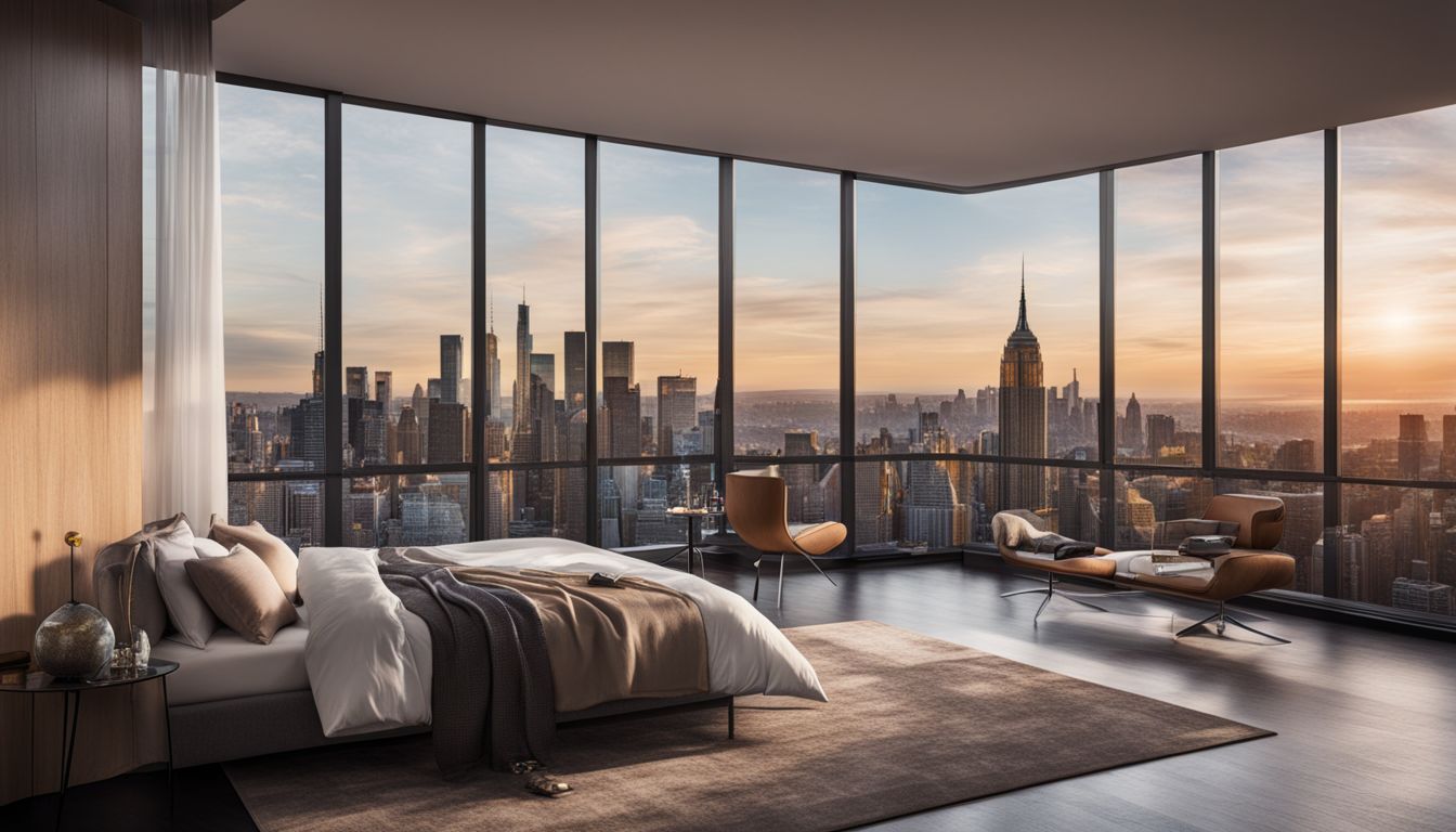 A modern bedroom with city skyline view and diverse faces.