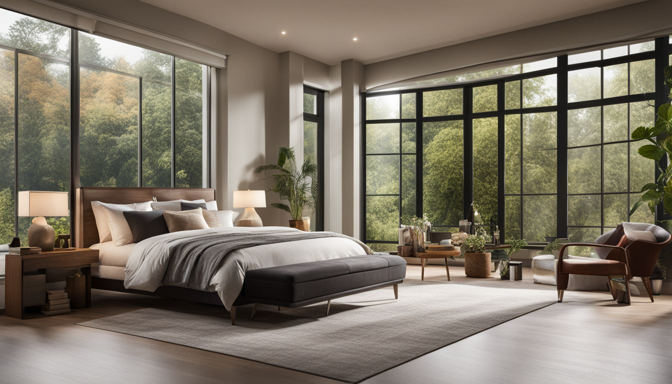 A serene bedroom with a garden view, featuring diverse individuals and outfits.