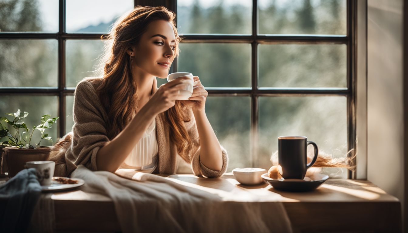 A woman enjoying coffee by a window with a nice view.
