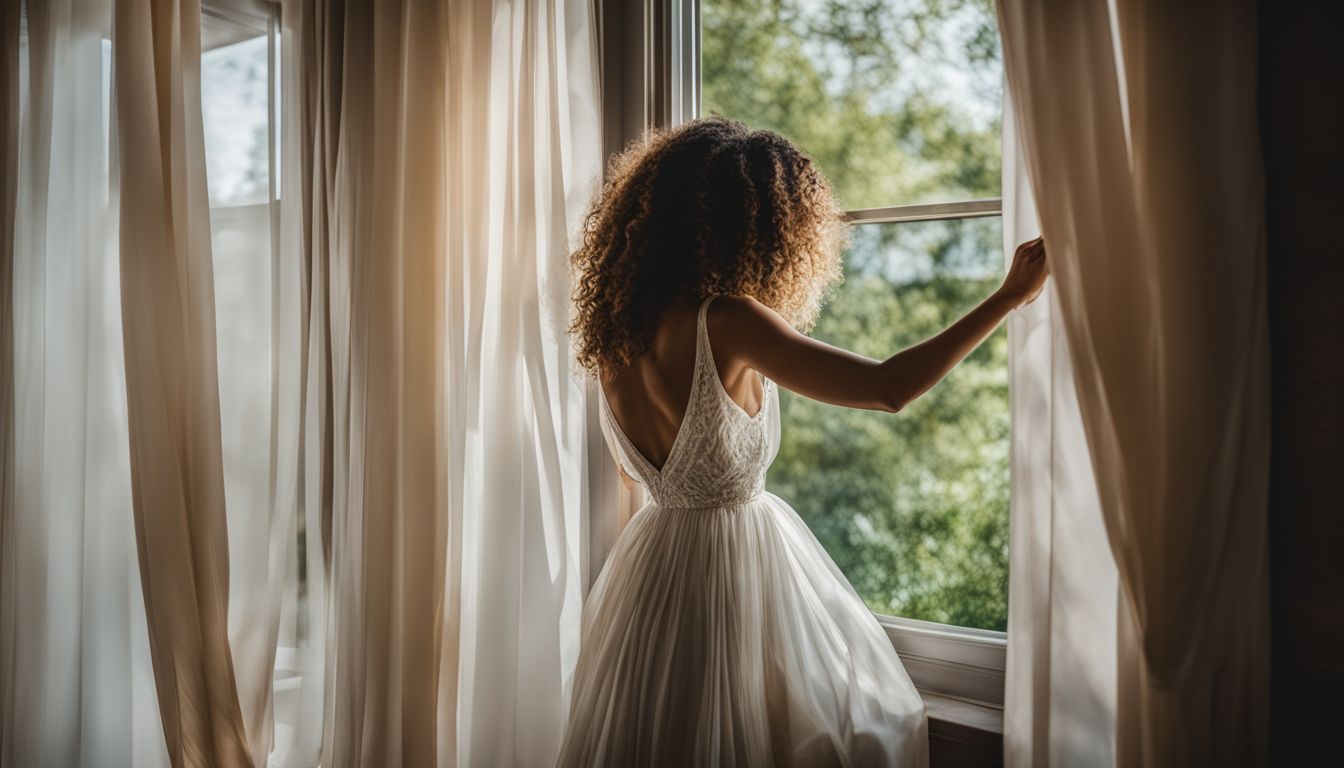 A photo of a curtain blowing through an open window.