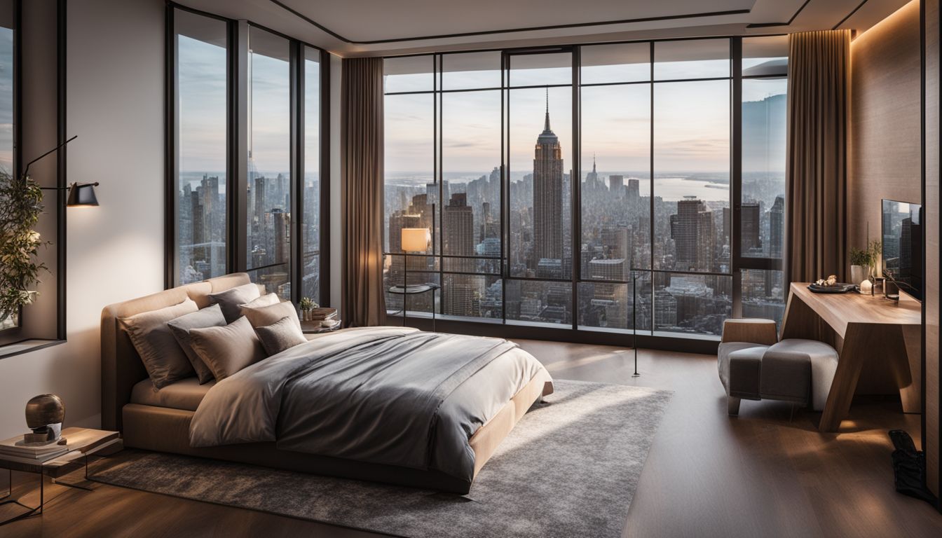 A modern bedroom with a bow window overlooking a scenic landscape.
