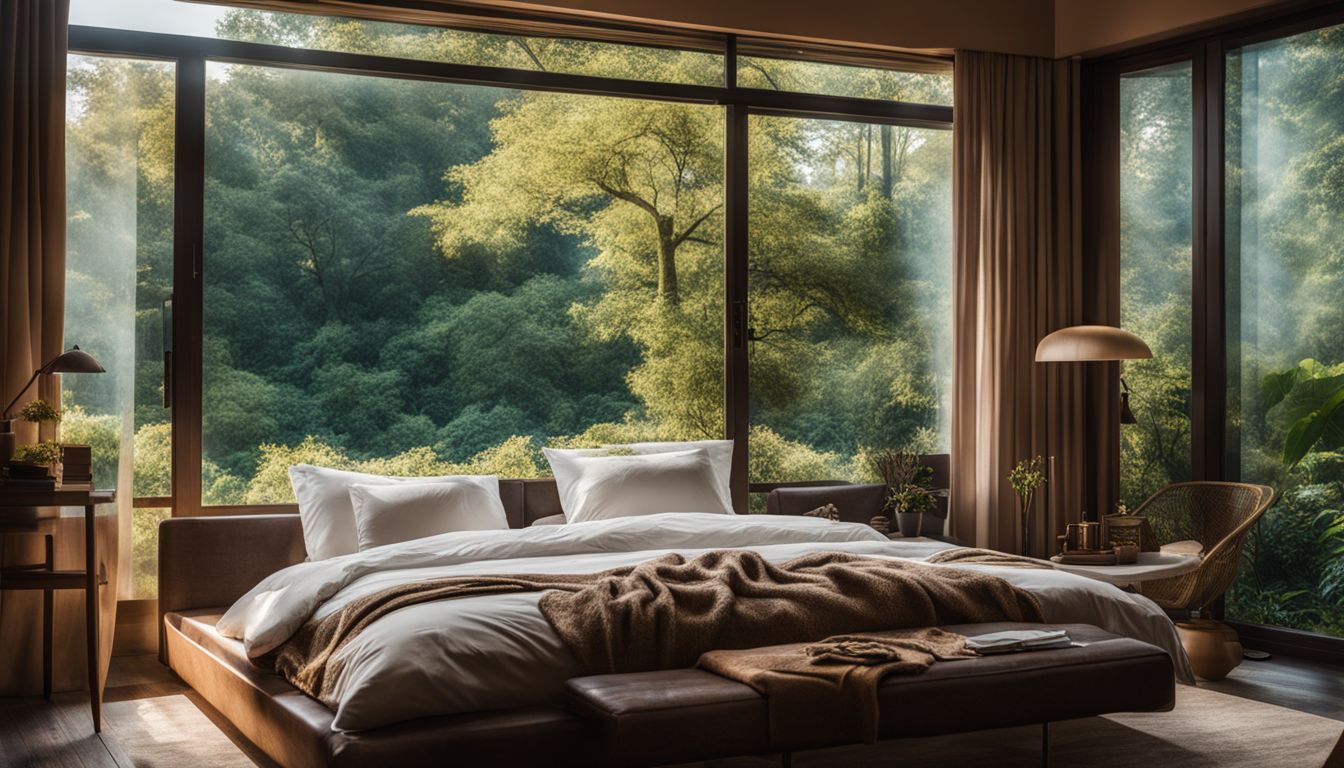 Cozy bedroom with sliding windows overlooking lush garden; diverse people and styles.
