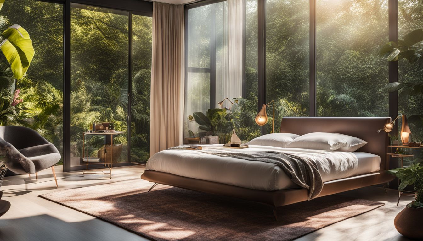A sunlit bedroom with large windows overlooking a lush garden.