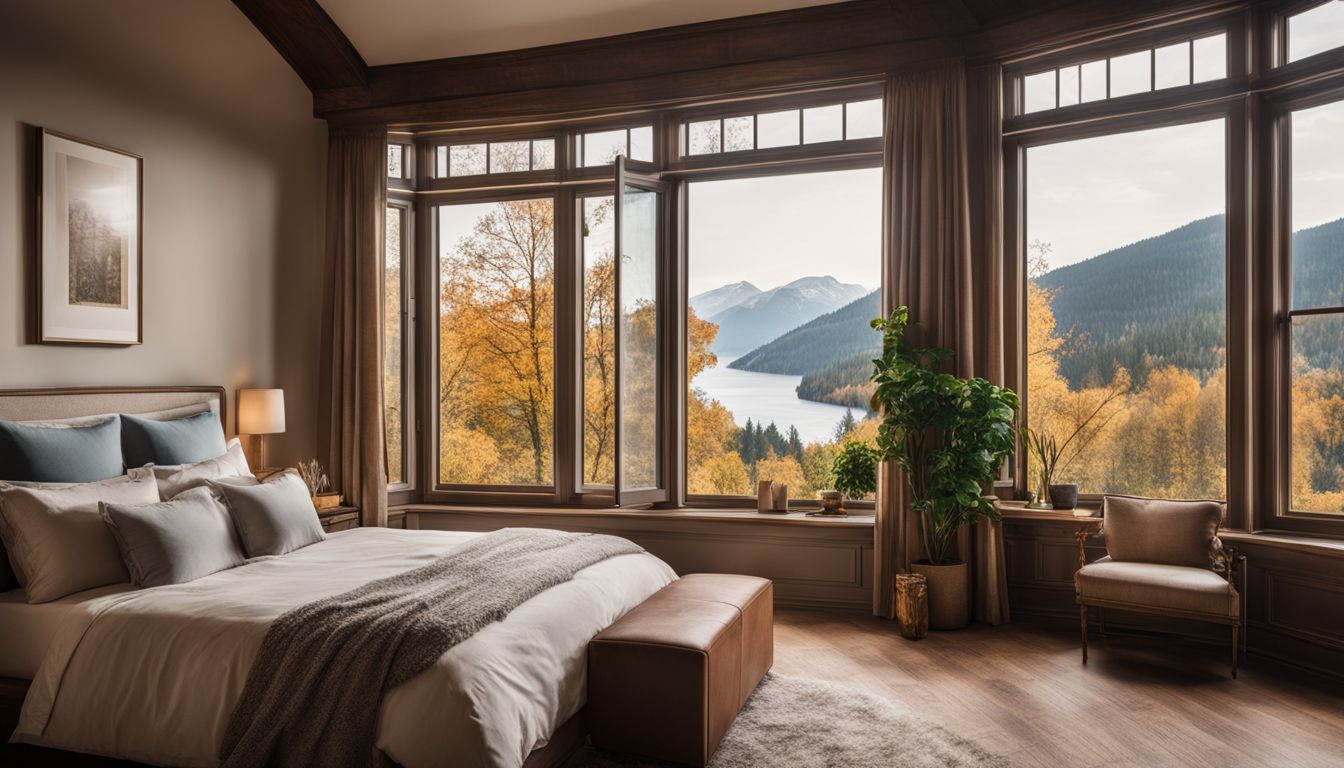 A cozy bedroom with natural light streaming in through casement windows.