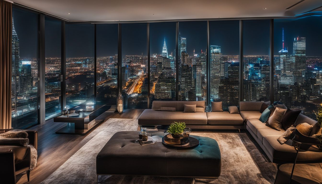 Floor-to-ceiling windows showcase diverse city skyline at night.