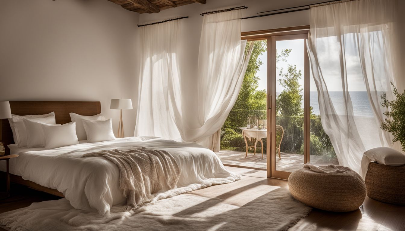 A photo of a serene bedroom with billowing white curtains.