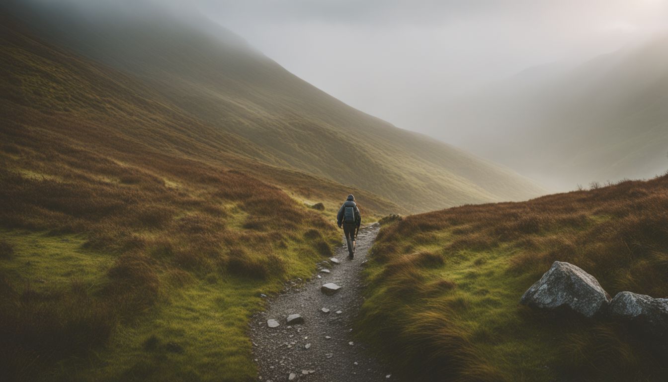 A Caucasian hiker walks alone on a misty Irish trail.