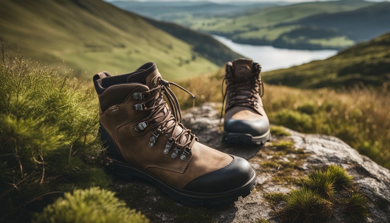 Photo of hiker's boots on rocky trail in lush Irish countryside. Solo Hiking in Ireland