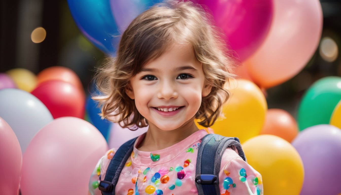 A happy child surrounded by balloons at a birthday party.
