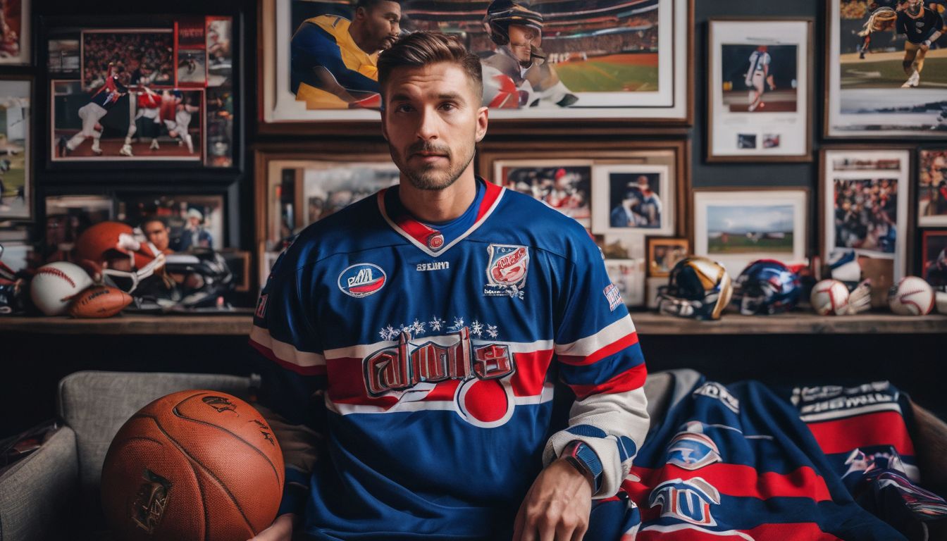 A Caucasian man surrounded by sports memorabilia in a vibrant atmosphere.