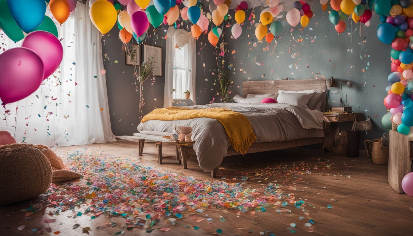 A colorful and lively still life photo in a rustic bedroom.