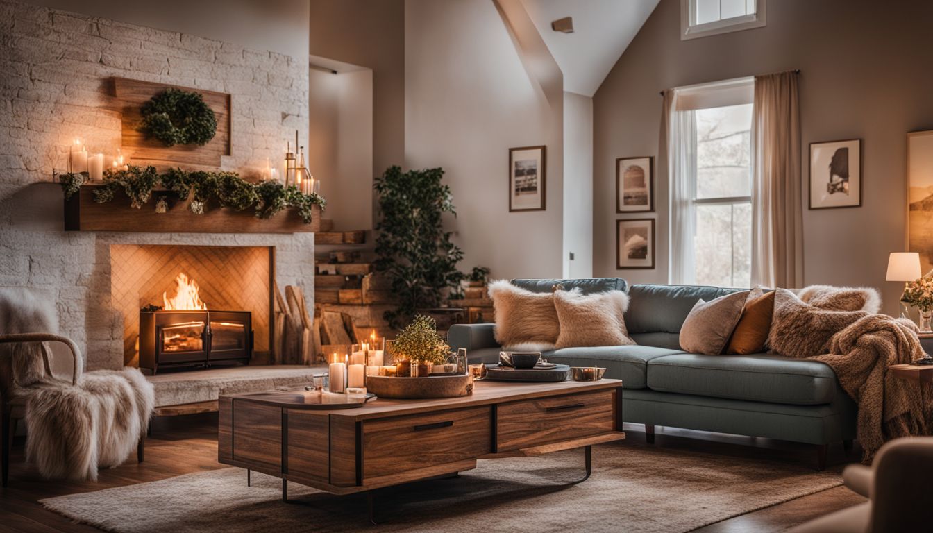 Cozy living room with fireplace, plush furniture, and diverse individuals.