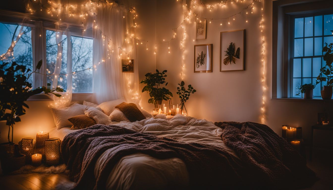 A cozy and romantic bedroom with fairy lights and candles.