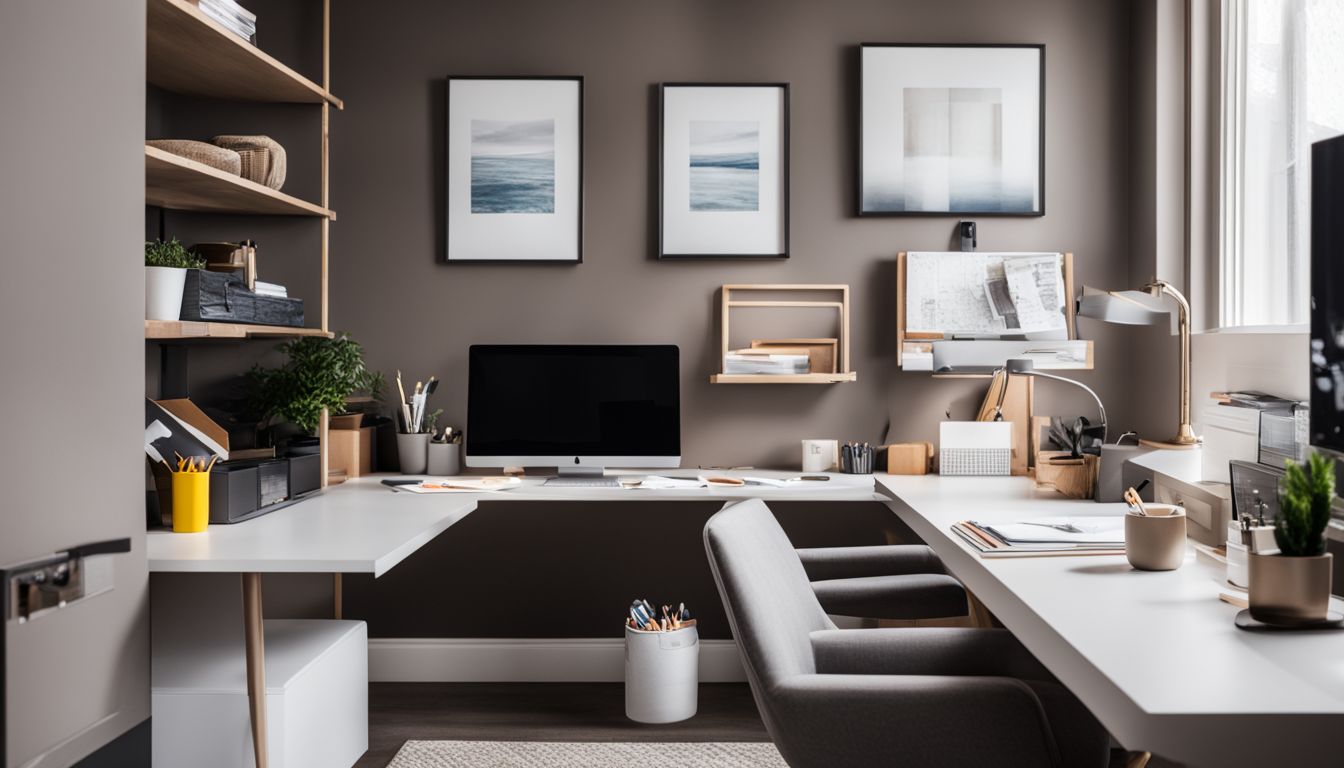 A well-organized home office with a sleek desk and computer.