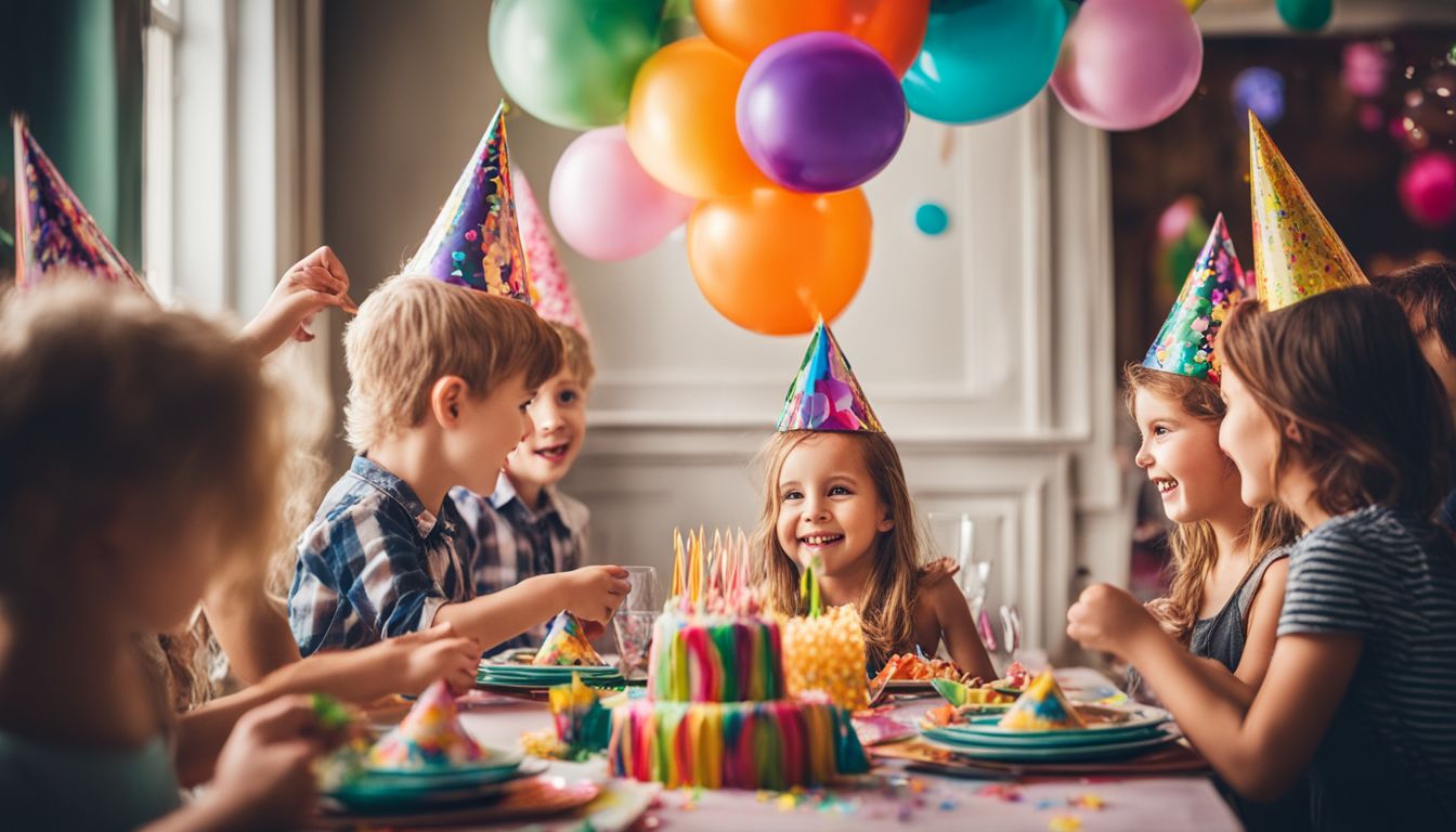 Adorable kids celebrating at a colorful birthday party with balloons and hats.