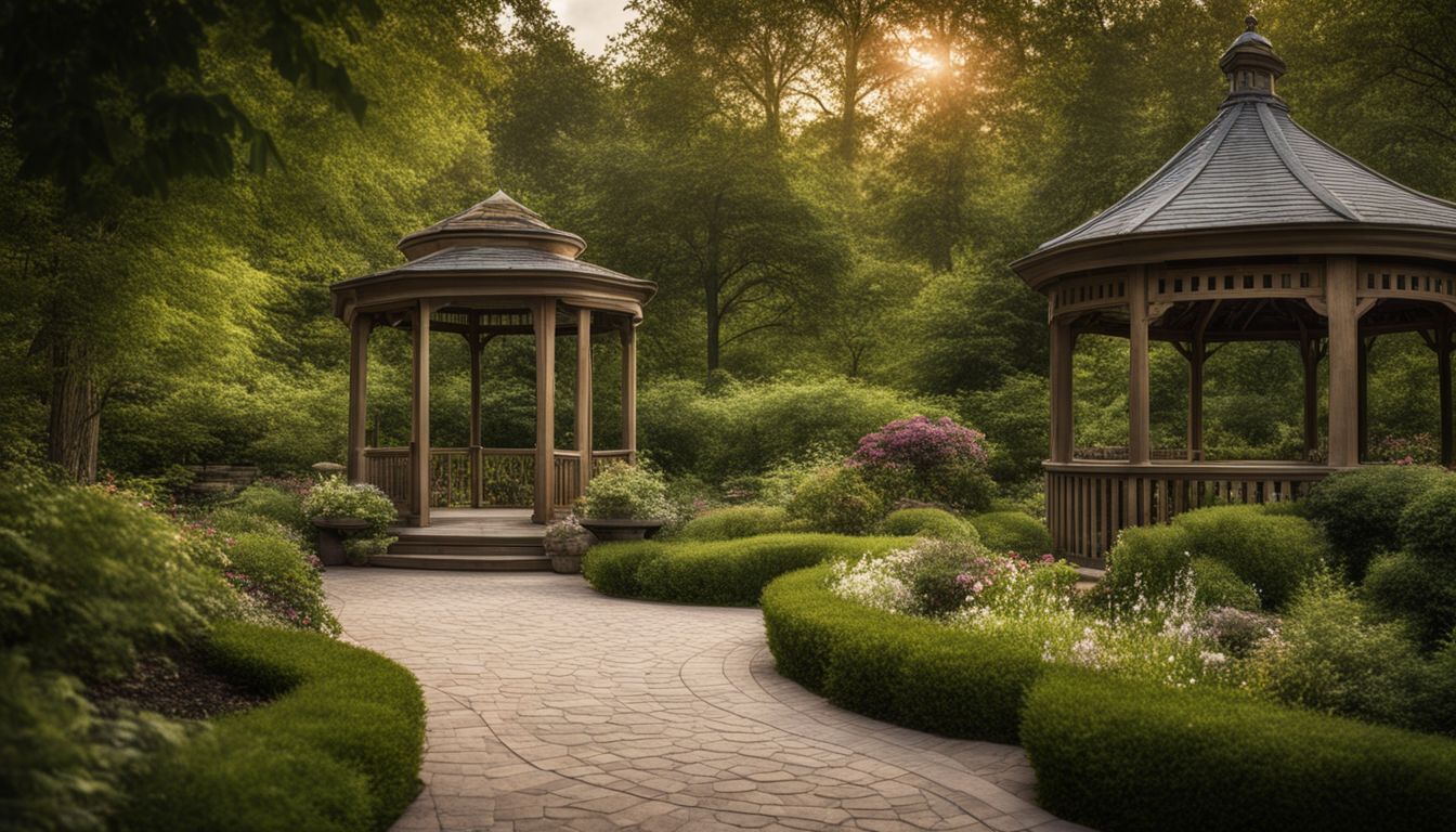 A photo of a garden path leading to a gazebo with various people.