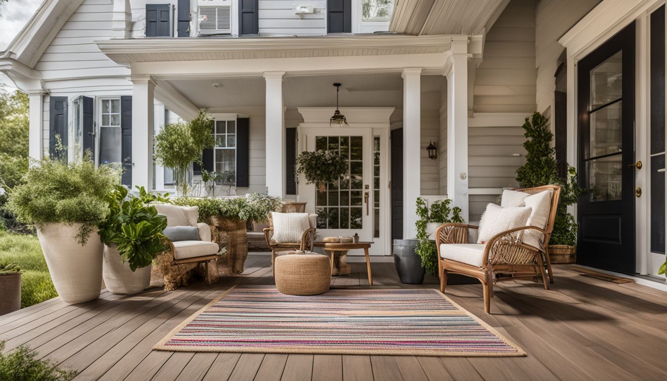 Colorful front porch with vibrant decor, plants, and cozy furniture.