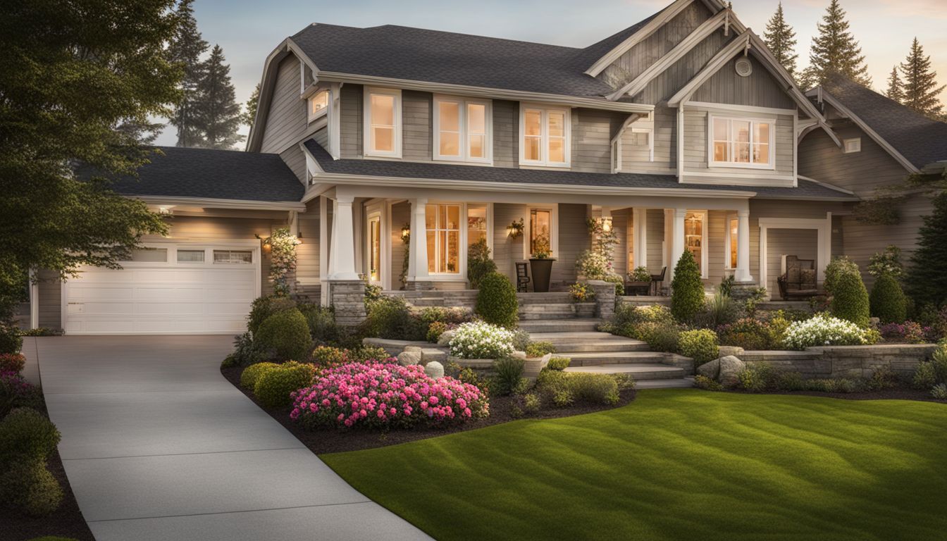 A suburban house with a beautiful front yard and diverse people.