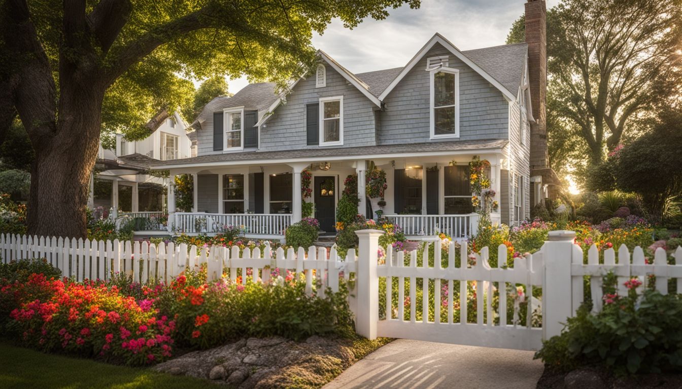 Colorful flower garden with a white picket fence in a charming front yard.