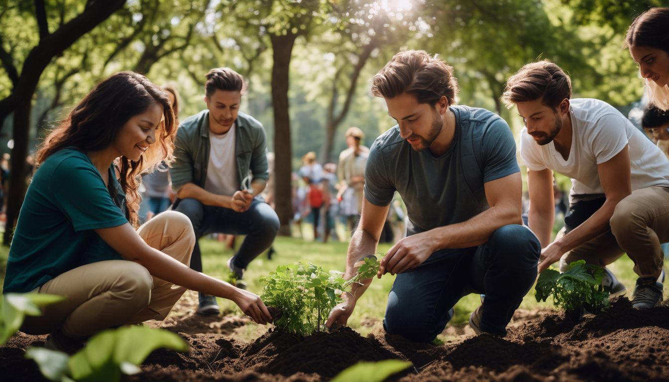 Diverse group plants trees in park surrounded by lush greenery.