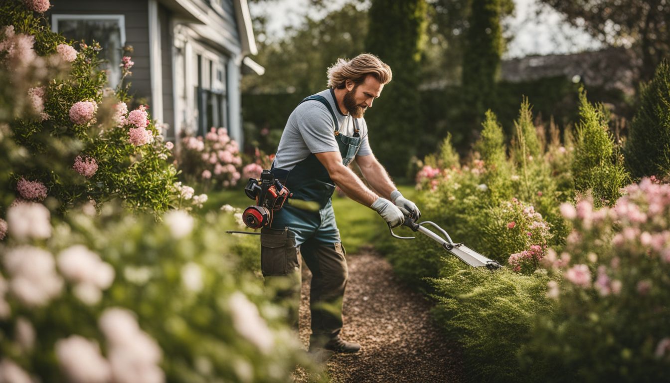 A landscaper trimming bushes surrounded by blooming flowers in a garden.