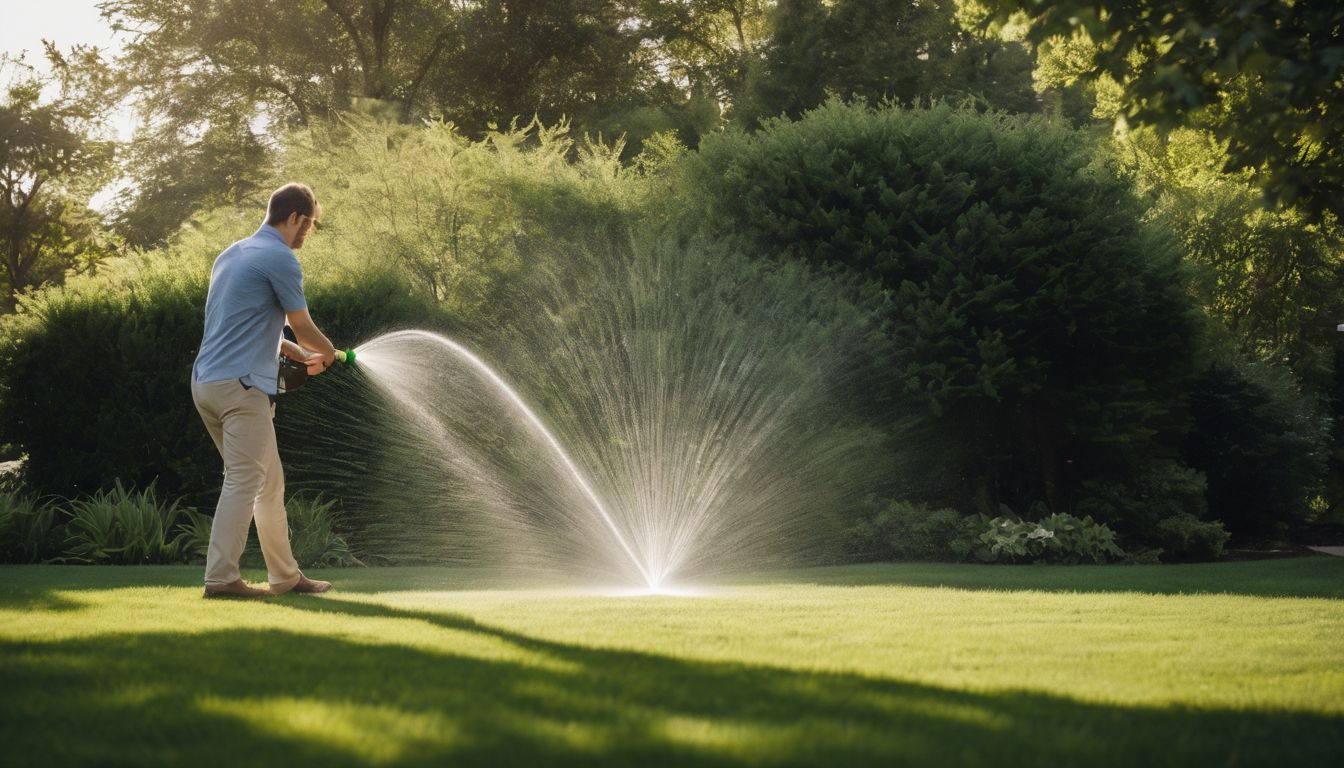 Person watering lush green lawn in suburban backyard with sprinkler.