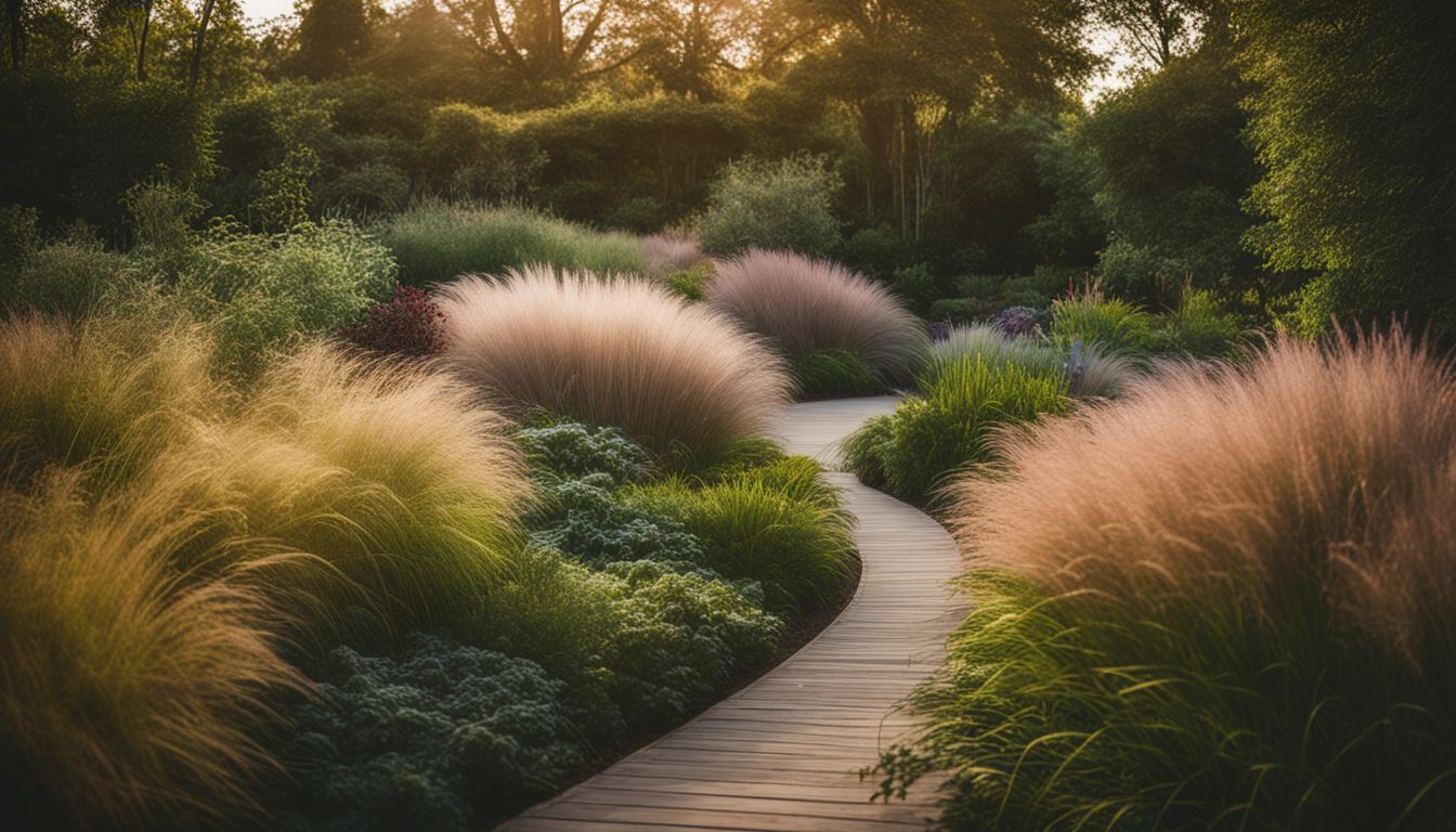 A vibrant garden with diverse people and colorful ornamental grasses.