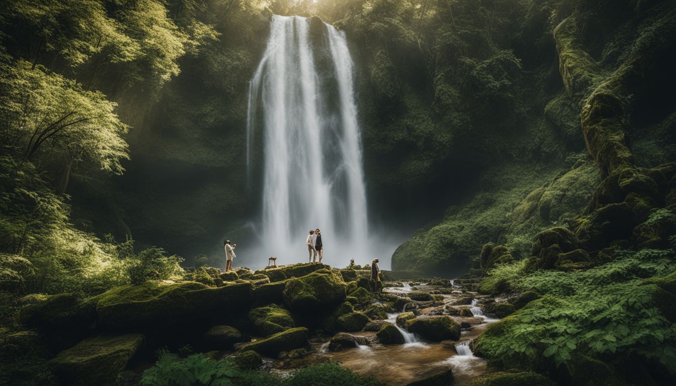 A stunning waterfall surrounded by lush greenery and diverse individuals.