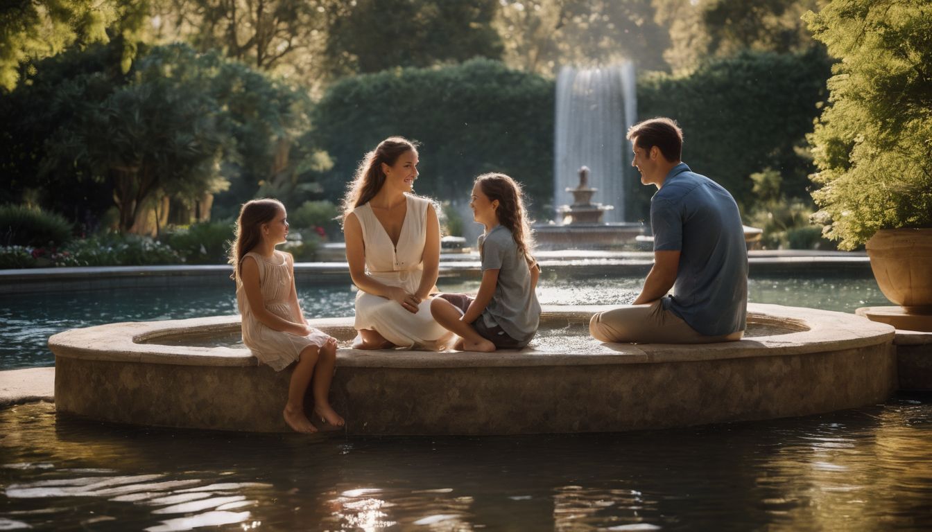 A diverse family enjoying the outdoors by a beautiful fountain.