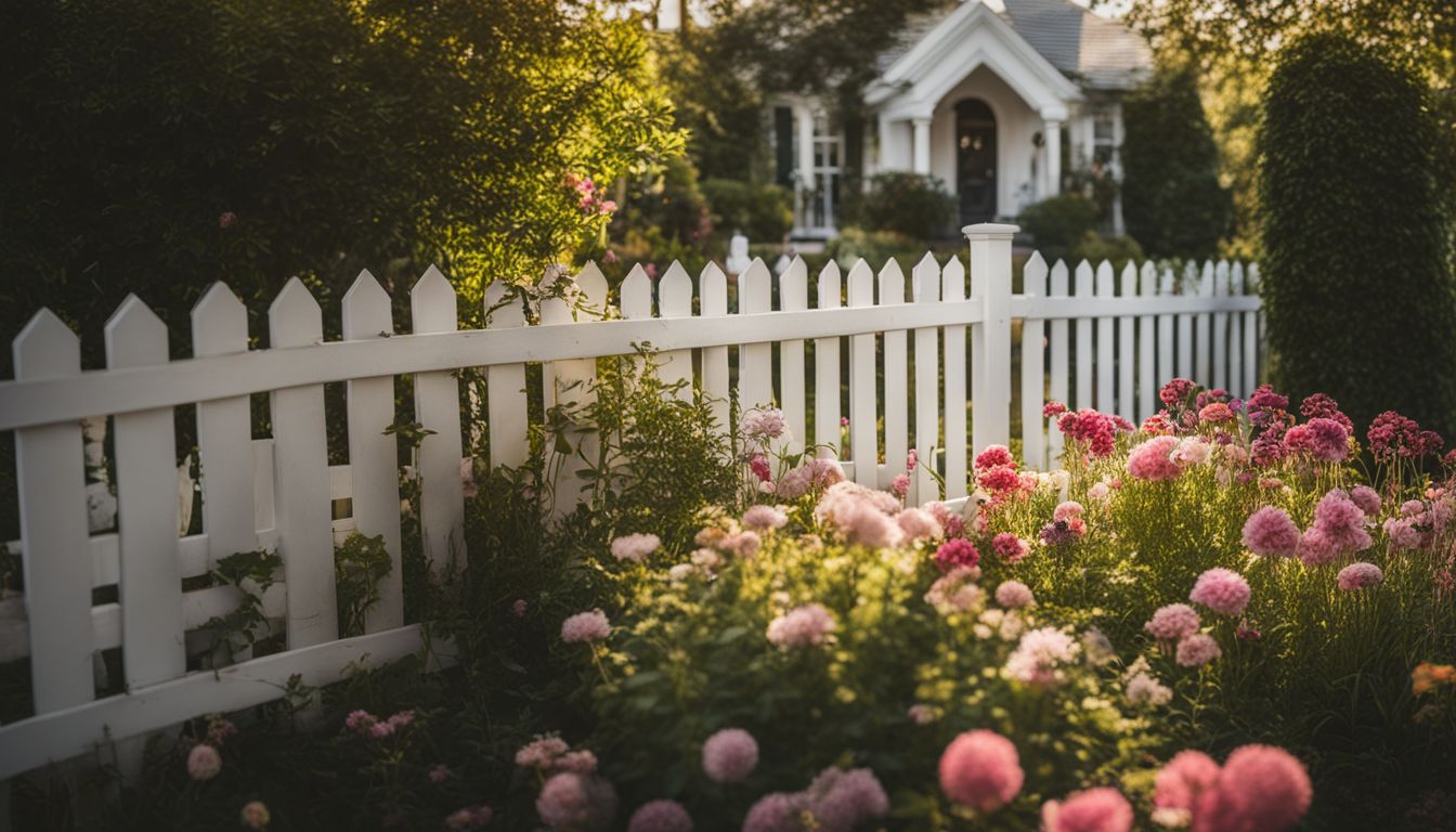 A beautiful garden with a white picket fence, colorful flowers, and diverse people.