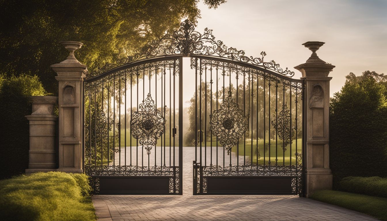 An elegant driveway gate surrounded by a well-maintained garden and people.