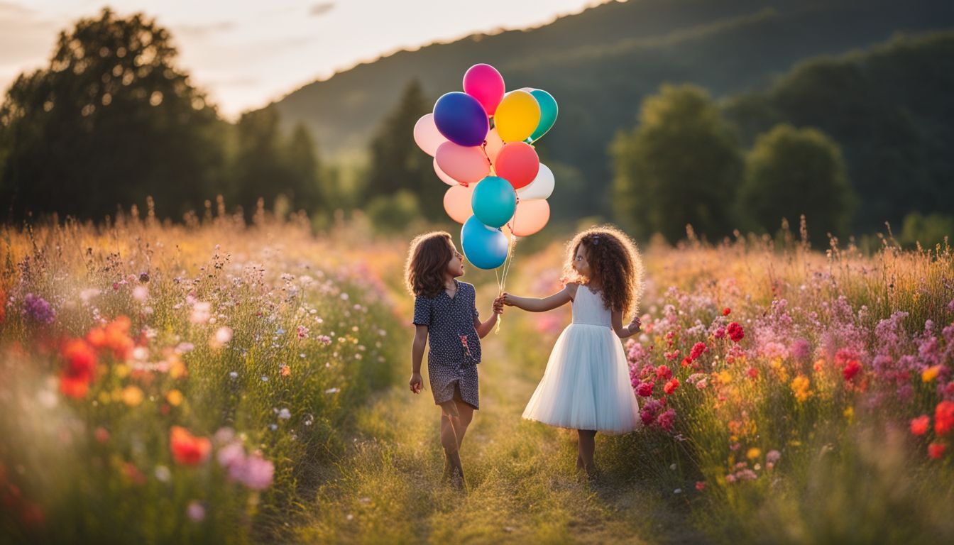 A child in a colorful field surrounded by blooming flowers and balloons.