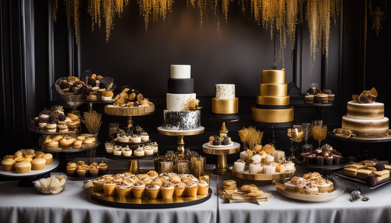 A black and gold dessert table with a variety of pastries.